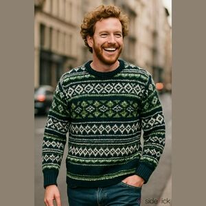 Vintage J.Crew 100% Wool Hand Knit Green and Blue Patterned Sweater Size M